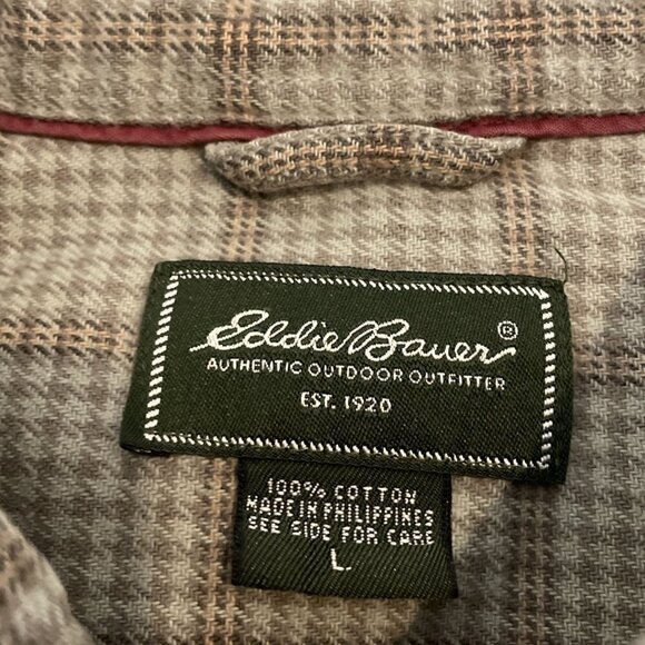 Eddie Bauer Mens Large Button Down Shirt Green Tan Plaid Long Sleeve Preppy - Picture 5 of 7